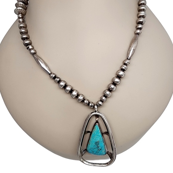 Native American Signed MB Silver Bead Necklace Large Turquoise Pendant #13373 - Picture 9 of 9